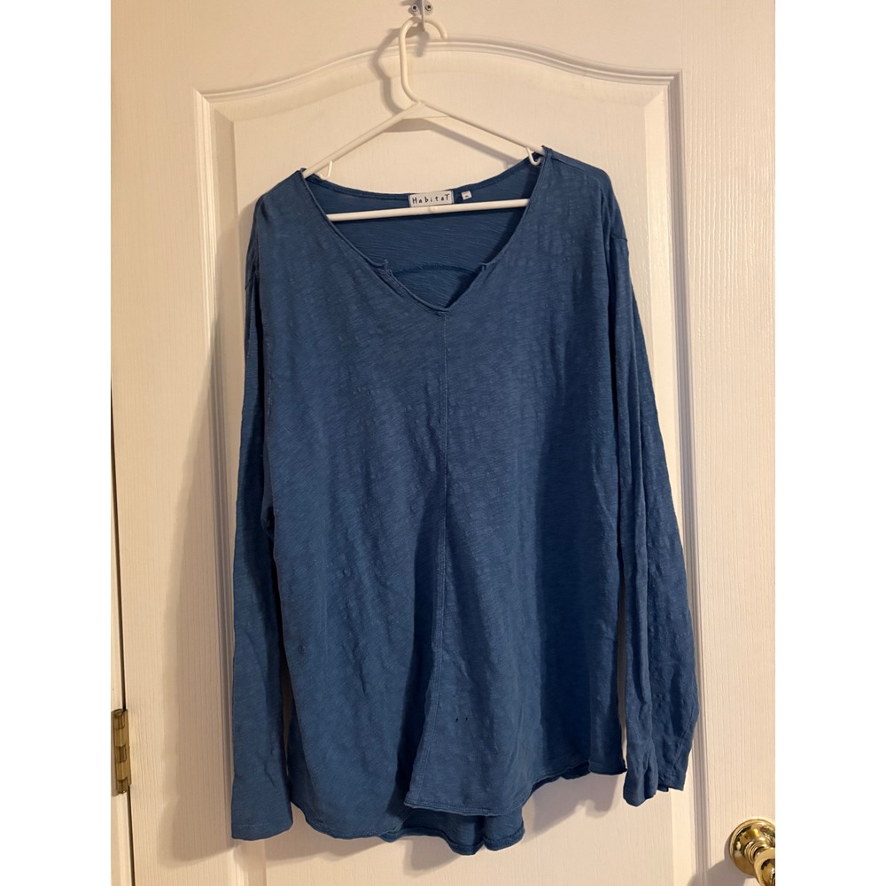 Habitat Top Women XL Blue Good Slub Cotton Long Sleeve V-Neck Seam Detail
